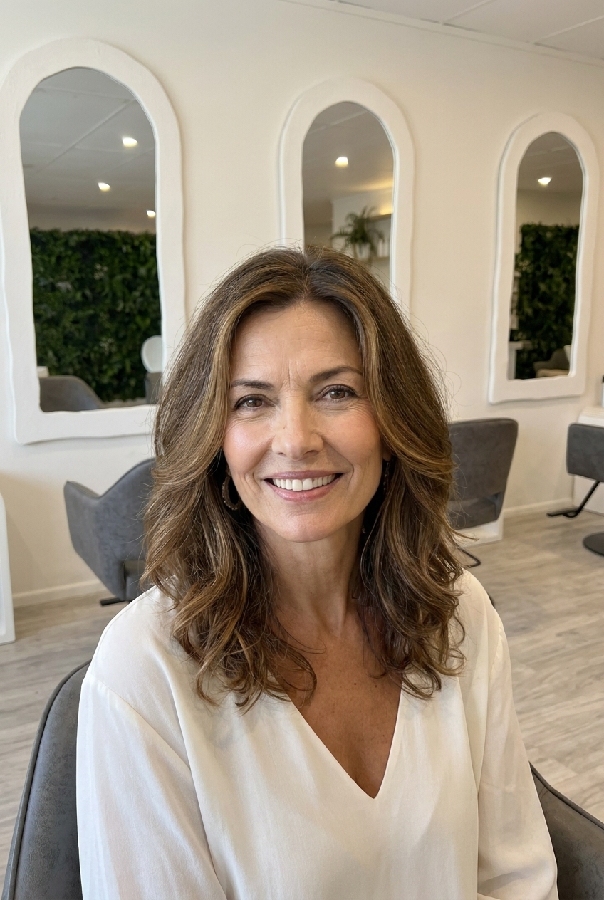 Mature dark brown long layers, calm and considered